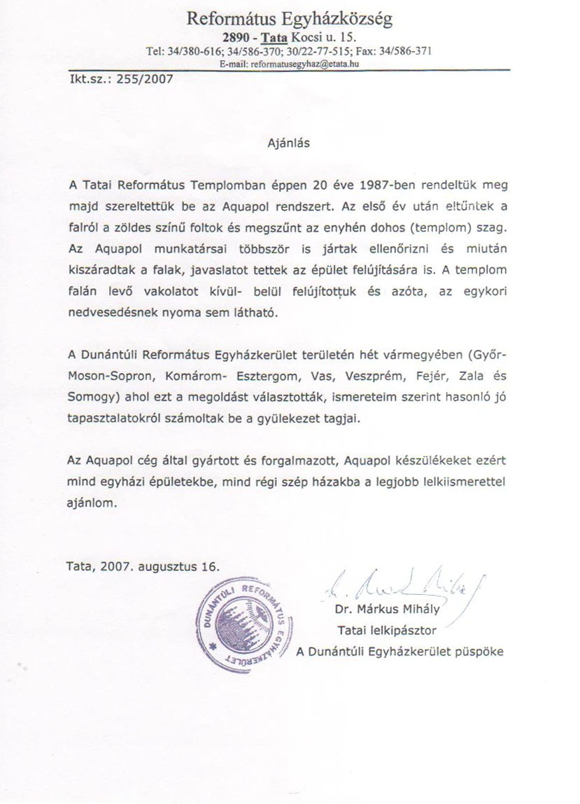 Dr. Márkus Mihály püspök levele, Tata
